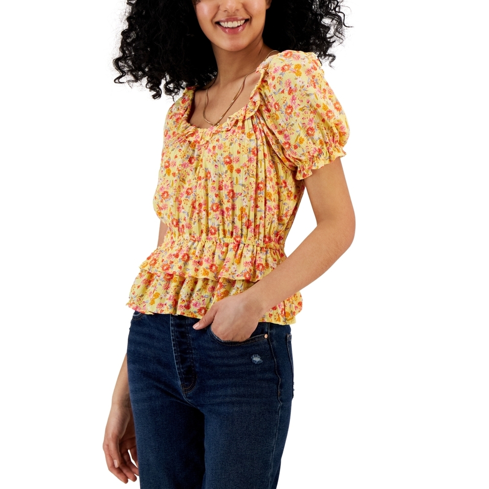 Kingston Grey Juniors' Short-Sleeve Ruffle-Hem Peplum Top, yellow/coral XS